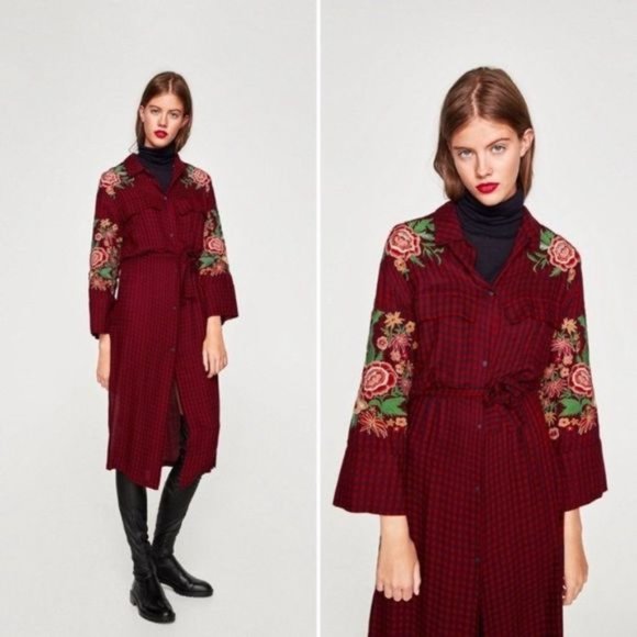 Zara trf Duster Tunic Dress Red Navy Plaid Embroidered Floral Belted size XS - Picture 4 of 14